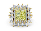 Yellow gold Fancy Yellow Princess Cut Halo Cluster Diamond Ring with Pave Band and Four-Prong Setting_12