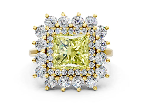 Yellow gold Fancy Yellow Princess Cut Halo Cluster Diamond Ring with Pave Band and Four-Prong Setting_12