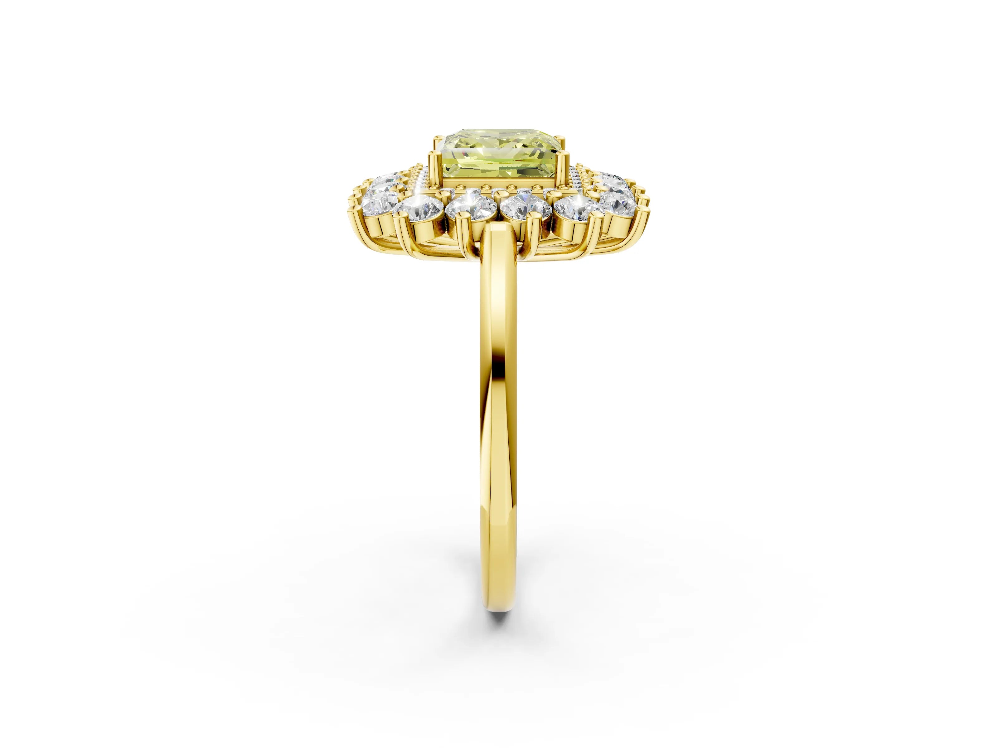 Yellow gold Fancy Yellow Princess Cut Halo Cluster Diamond Ring with Pave Band and Four-Prong Setting_14