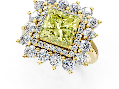 Yellow gold Fancy Yellow Princess Cut Halo Cluster Diamond Ring with Pave Band and Four-Prong Setting_1