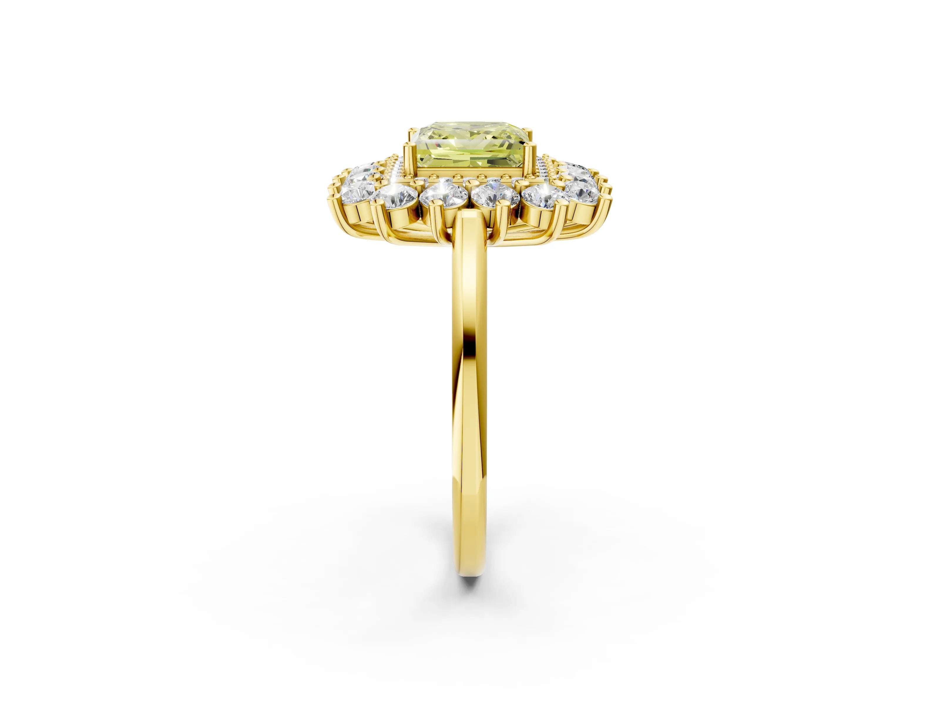 Yellow gold Fancy Yellow Princess Cut Halo Cluster Diamond Ring with Pave Band and Four-Prong Setting_2