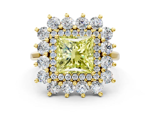 Yellow gold Fancy Yellow Princess Cut Halo Cluster Diamond Ring with Pave Band and Four-Prong Setting