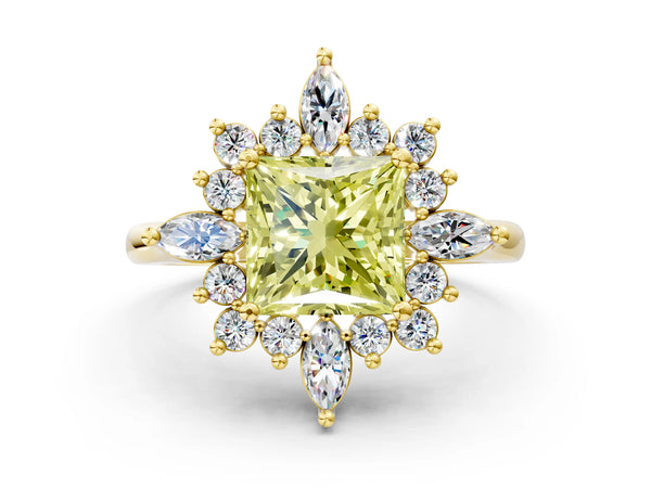 Yellow gold Fancy Yellow Princess Cut Starburst Halo Engagement Ring Setting with Marquise and Round Accents