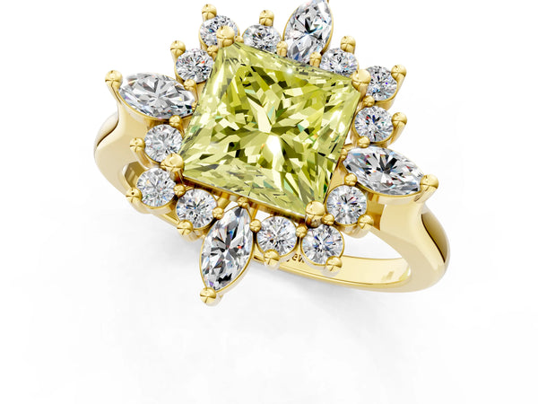 Yellow gold Fancy Yellow Princess Cut Starburst Halo Engagement Ring Setting with Marquise and Round Accents