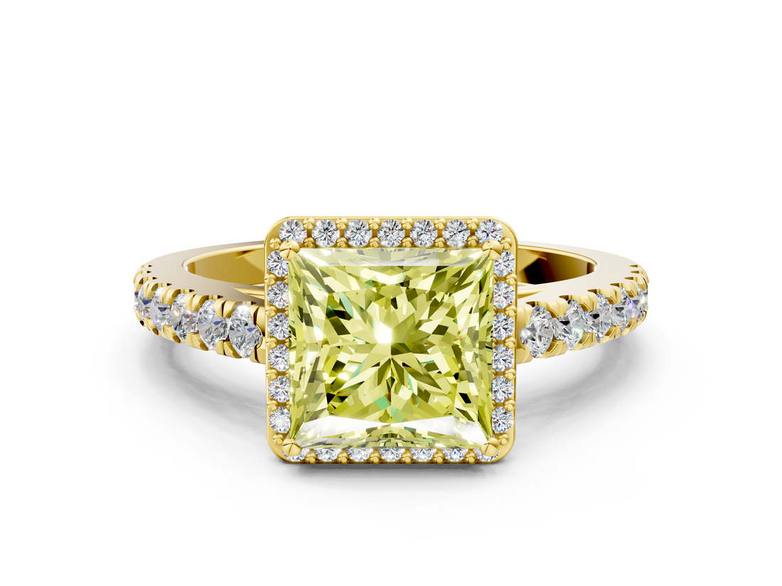 Yellow gold Fancy Yellow Princess  Cut Halo Diamond Engagement Ring with Pave Band and Four-Prong Setting