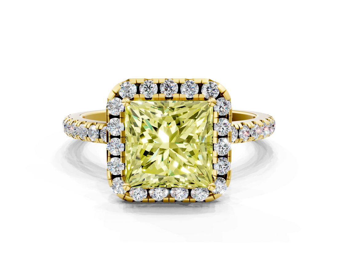Yellow gold Fancy Yellow Princess  Cut Halo Diamond Engagement Ring with Pave Band and Four-Prong Setting