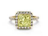 Yellow gold Fancy Yellow Princess  Cut Halo Diamond Engagement Ring with Pave Band and Four-Prong Setting