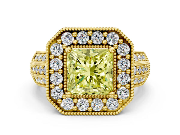 Yellow gold Fancy Yellow Princess Cut Halo Diamond Engagement Ring with Pave Split Shank and Four-Prong Setting