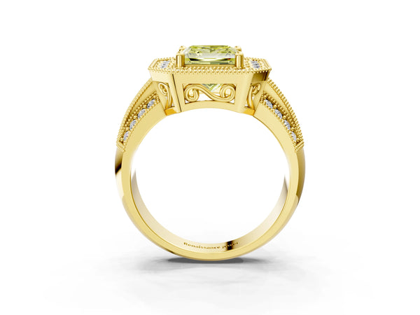 Yellow gold Fancy Yellow Princess Cut Halo Diamond Engagement Ring with Pave Split Shank and Four-Prong Setting