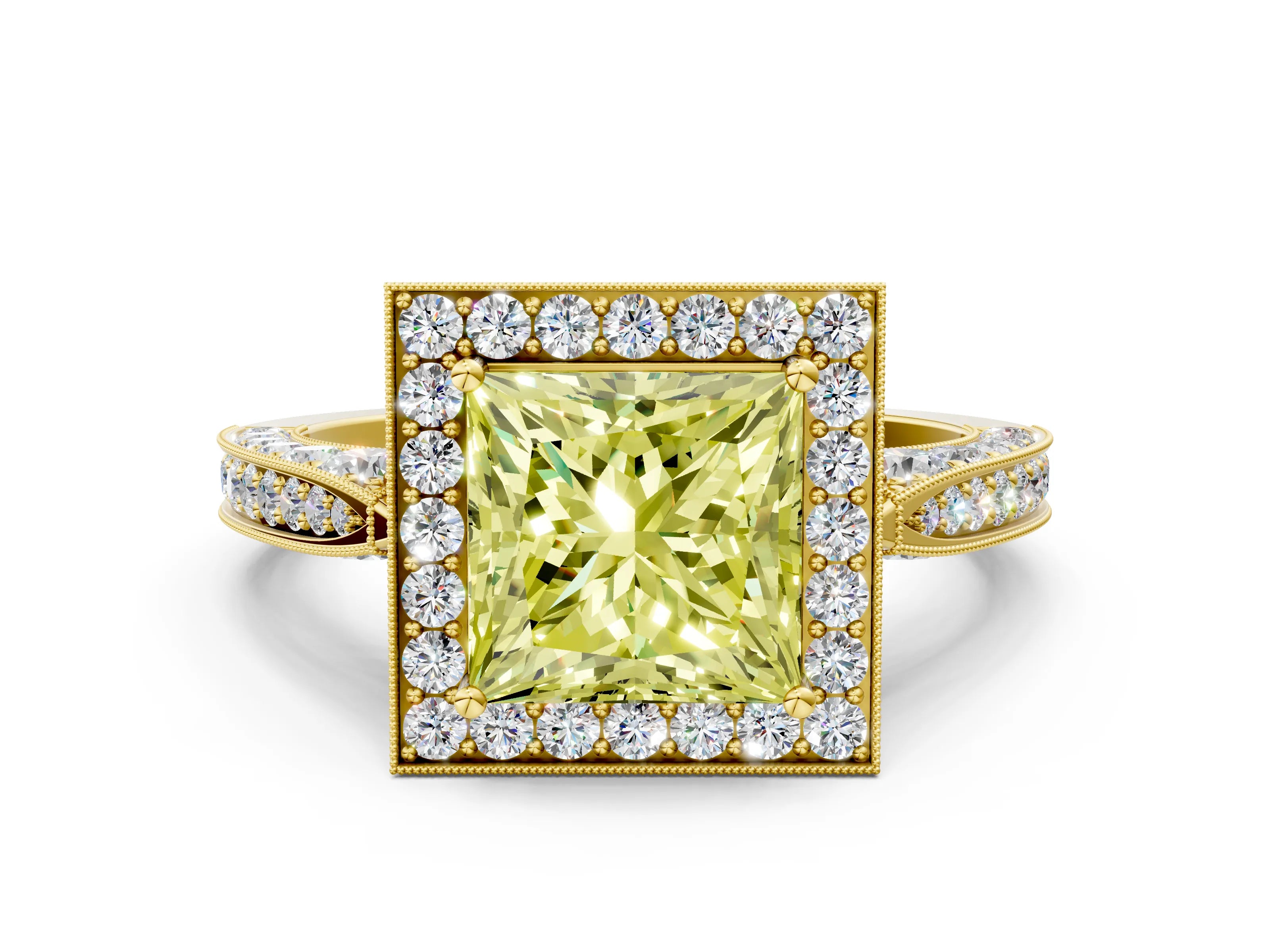 Yellow gold Fancy Yellow Princess Cut Halo Diamond Engagement Ring with Split Shank Band and Four-Prong Setting