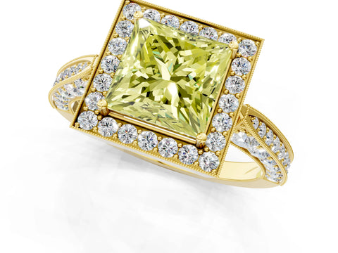 Yellow gold Fancy Yellow Princess Cut Halo Diamond Engagement Ring with Split Shank Band and Four-Prong Setting_1