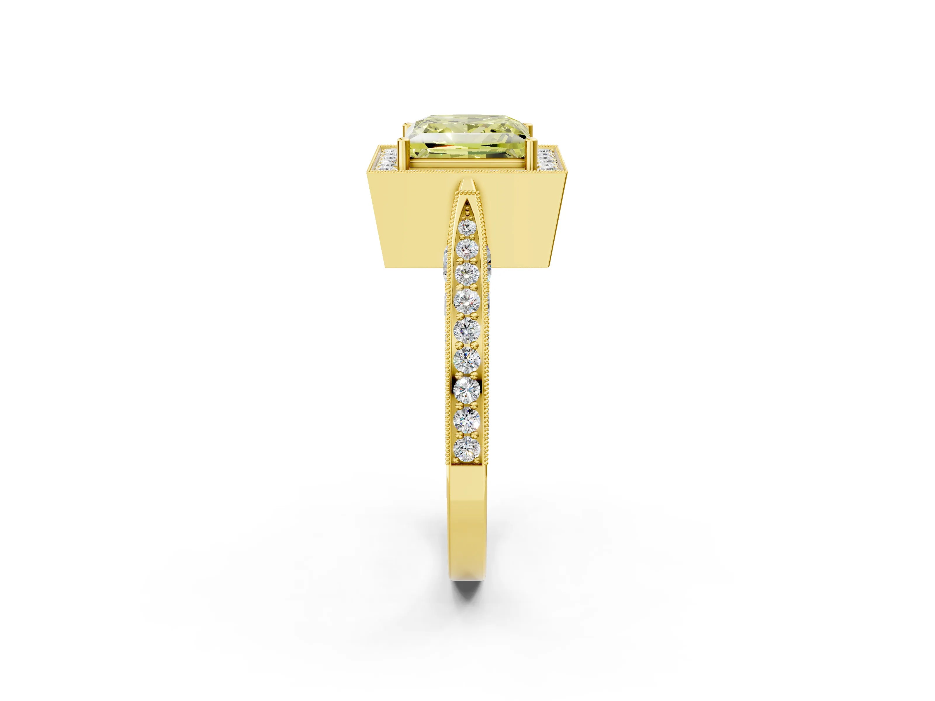 Yellow gold Fancy Yellow Princess Cut Halo Diamond Engagement Ring with Split Shank Band and Four-Prong Setting_2