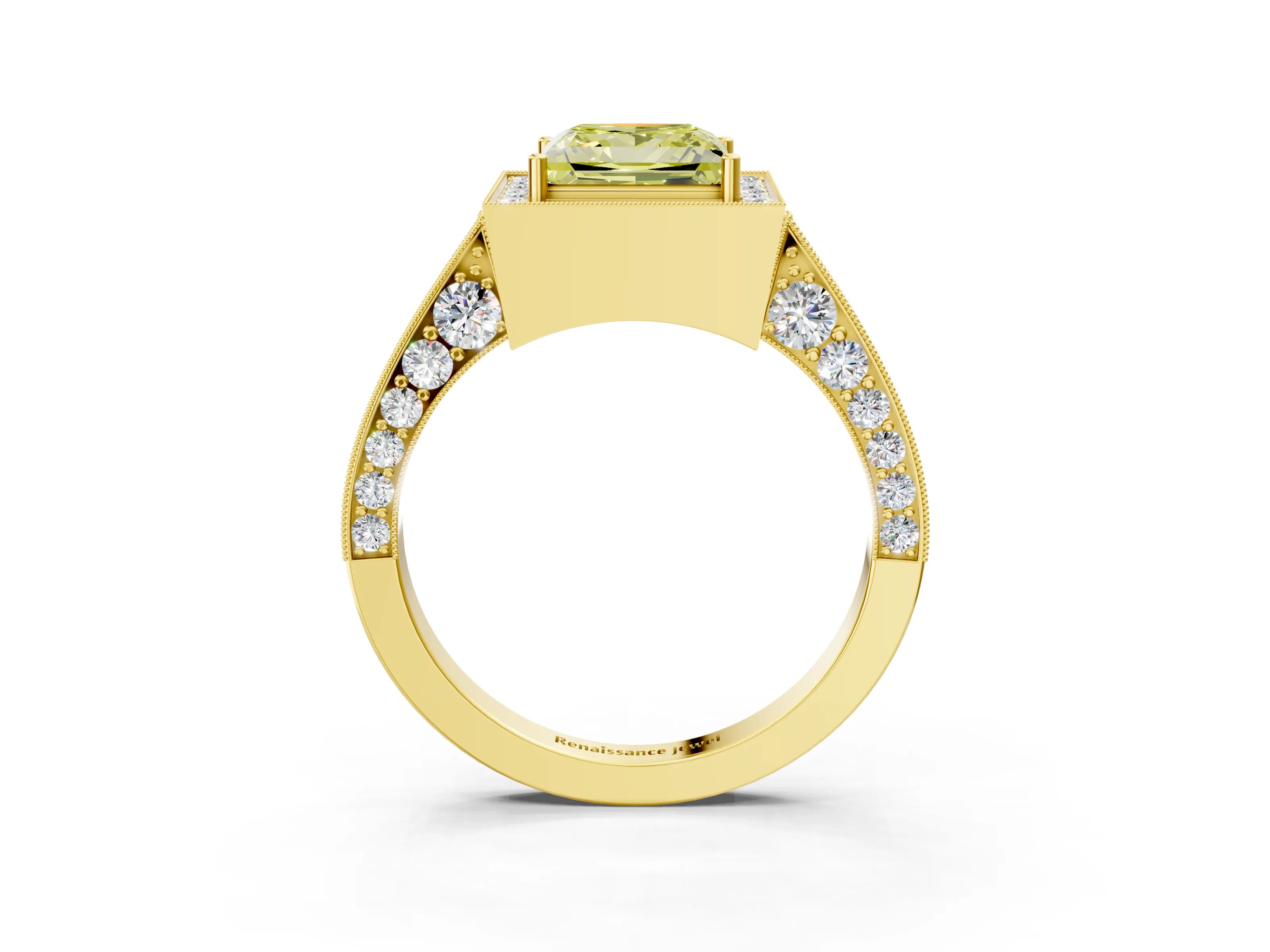 Yellow gold Fancy Yellow Princess Cut Halo Diamond Engagement Ring with Split Shank Band and Four-Prong Setting_3