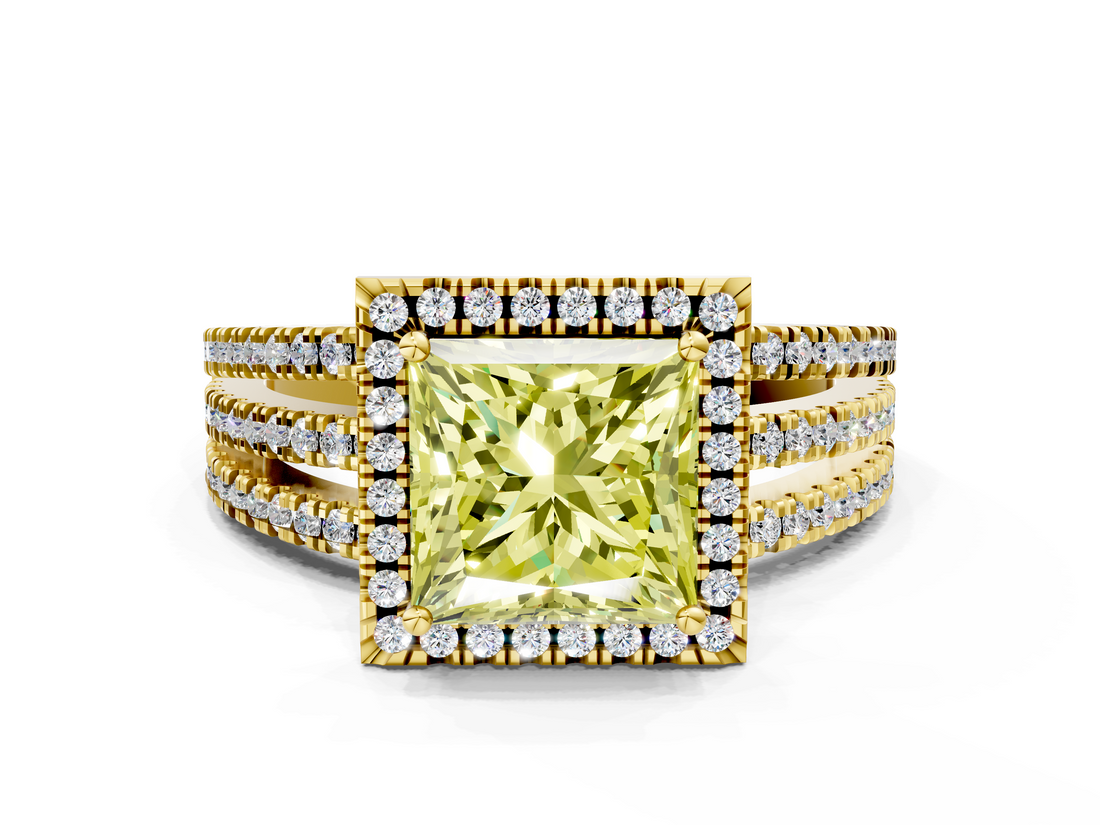 Yellow gold Fancy Yellow Princess  Cut Halo Diamond Engagement Ring with Split Shank and Four-Prong Setting