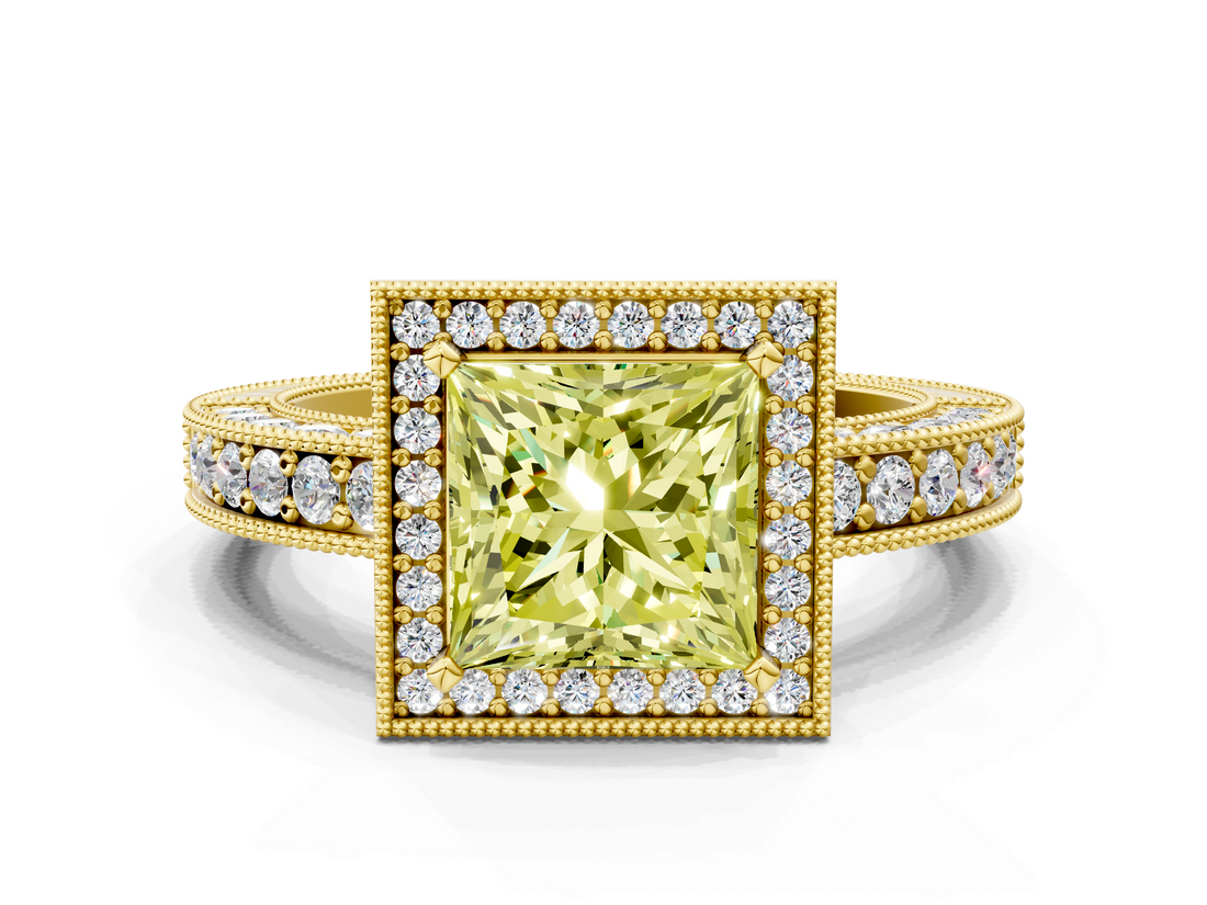 Yellow gold Fancy Yellow Princess  Cut Halo Diamond Pave Band Ring with Four-Prong Setting