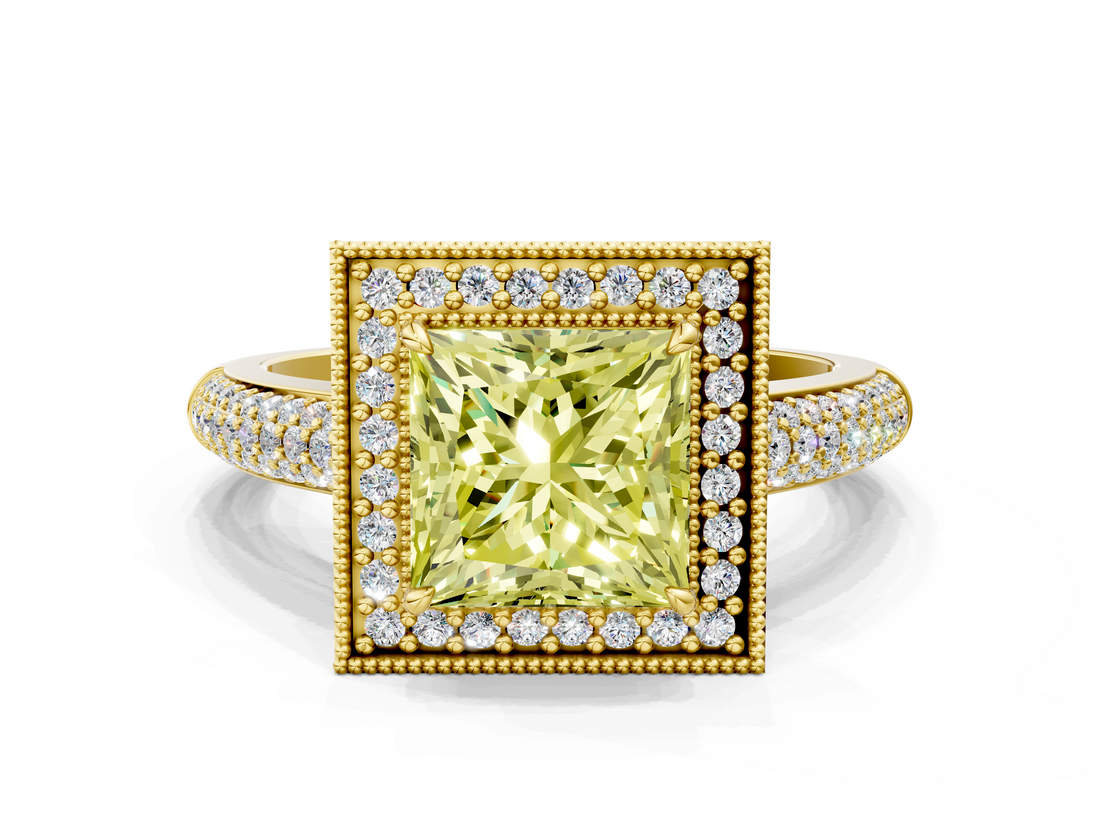 Yellow gold Fancy Yellow Princess  Cut Halo Diamond Pave Band with Four-Prong Setting