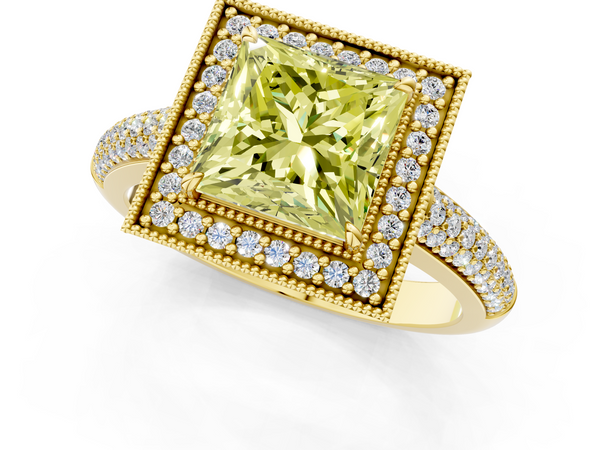 Yellow gold Fancy Yellow Princess  Cut Halo Diamond Pave Band with Four-Prong Setting