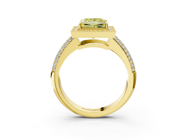 Yellow gold Fancy Yellow Princess  Cut Halo Diamond Pave Band with Four-Prong Setting