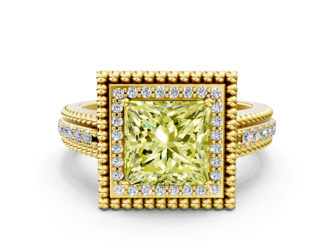 Yellow gold Fancy Yellow Princess Cut Halo Diamond Ring with Beaded Split Shank and Four-Prong Setting