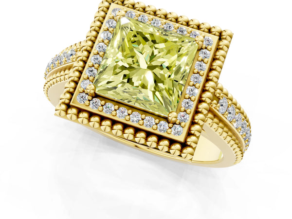 Yellow Gold Princess Cut Beaded Halo Engagement Ring Setting for Fancy Yellow Center with Pave