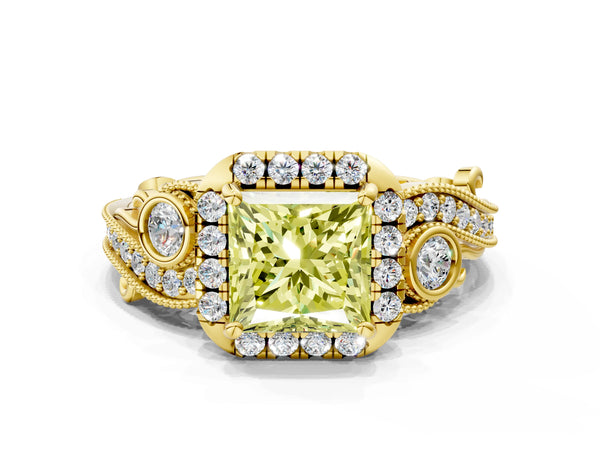 Yellow gold Fancy Yellow Princess Cut Halo Diamond Ring with Milgrain and Bezel Accents on a Split Shank Band