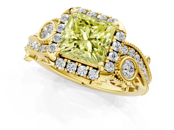 Yellow gold Fancy Yellow Princess Cut Halo Diamond Ring with Milgrain and Bezel Accents on a Split Shank Band
