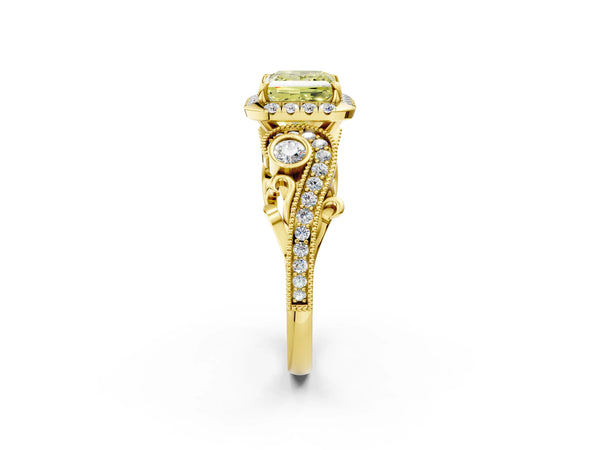 Yellow gold Fancy Yellow Princess Cut Halo Diamond Ring with Milgrain and Bezel Accents on a Split Shank Band