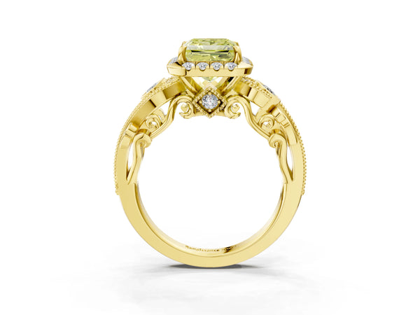 Yellow gold Fancy Yellow Princess Cut Halo Diamond Ring with Milgrain and Bezel Accents on a Split Shank Band