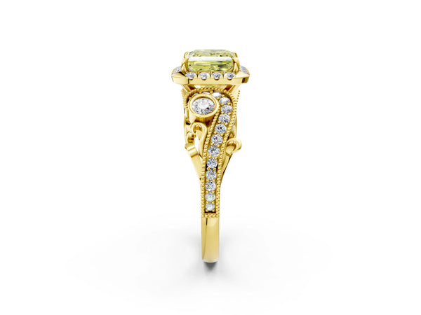 Yellow gold Fancy Yellow Princess Cut Halo Diamond Ring with Milgrain and Bezel Accents on a Split Shank Band