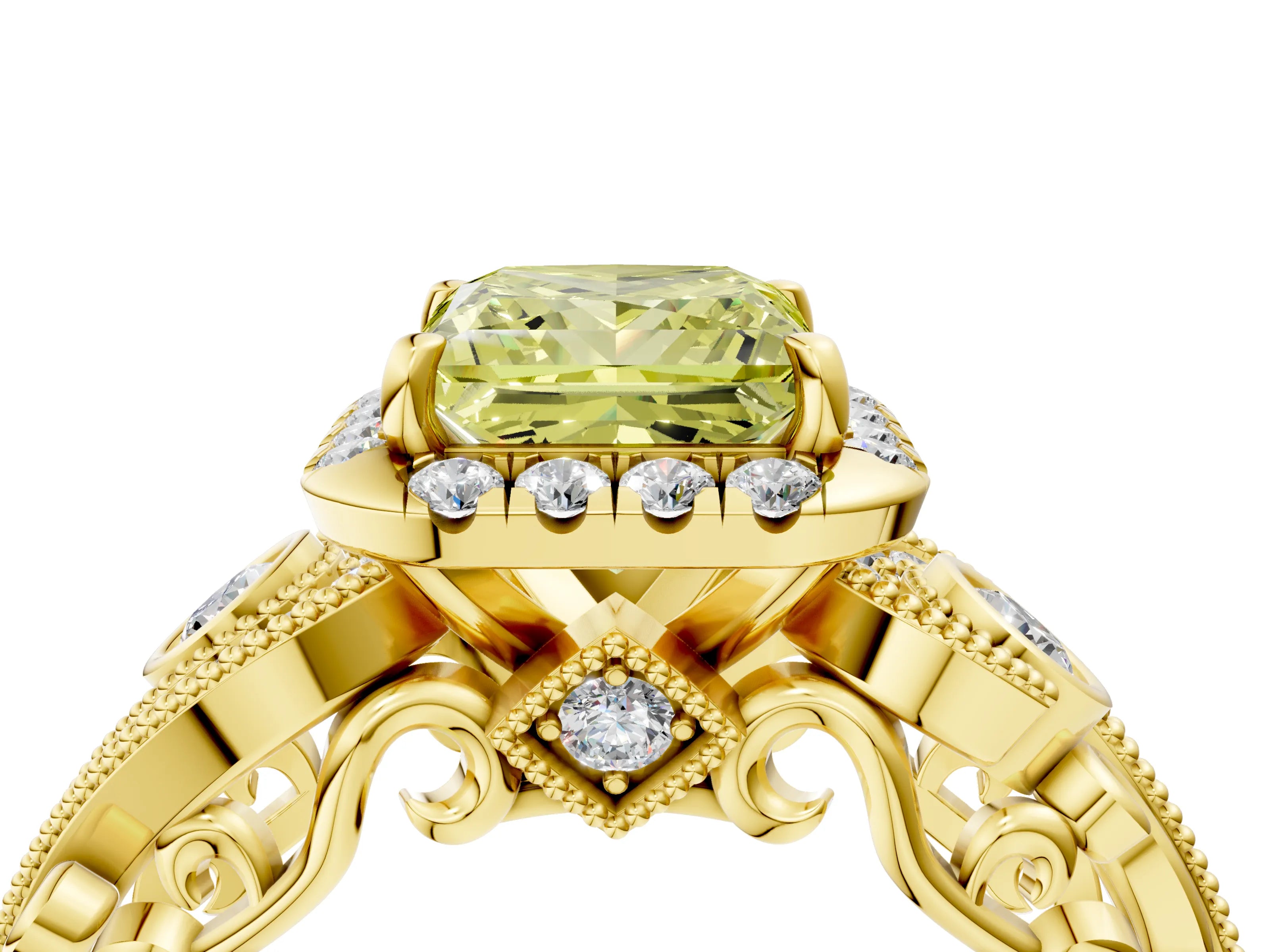 Yellow gold Fancy Yellow Princess Cut Halo Diamond Ring with Milgrain and Bezel Accents on a Split Shank Band_4