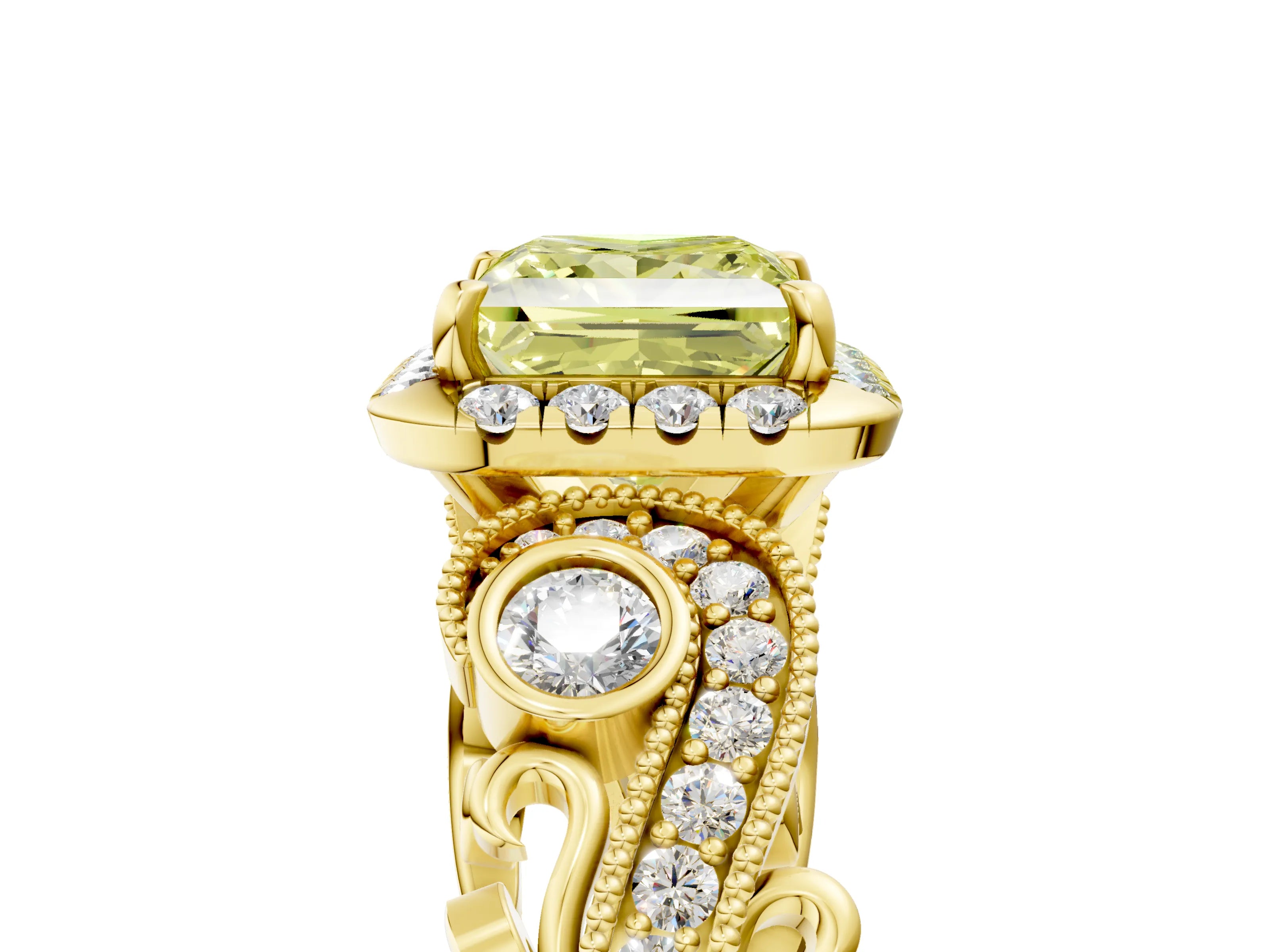 Yellow gold Fancy Yellow Princess Cut Halo Diamond Ring with Milgrain and Bezel Accents on a Split Shank Band_5