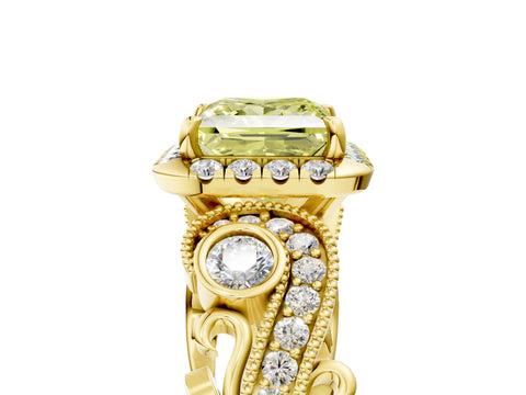 Yellow gold Fancy Yellow Princess Cut Halo Diamond Ring with Milgrain and Bezel Accents on a Split Shank Band_5