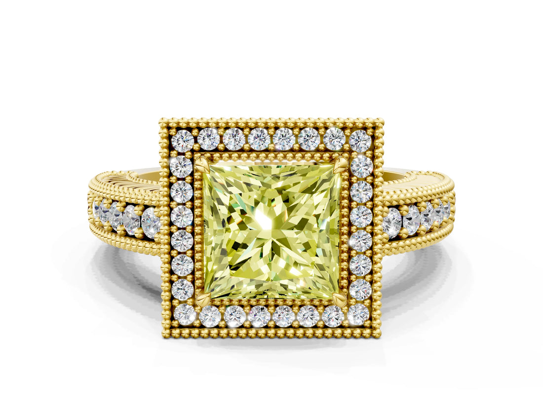 Yellow gold Fancy Yellow Princess  Cut Halo Diamond Ring with Pavé Band and Four-Prong Setting_28