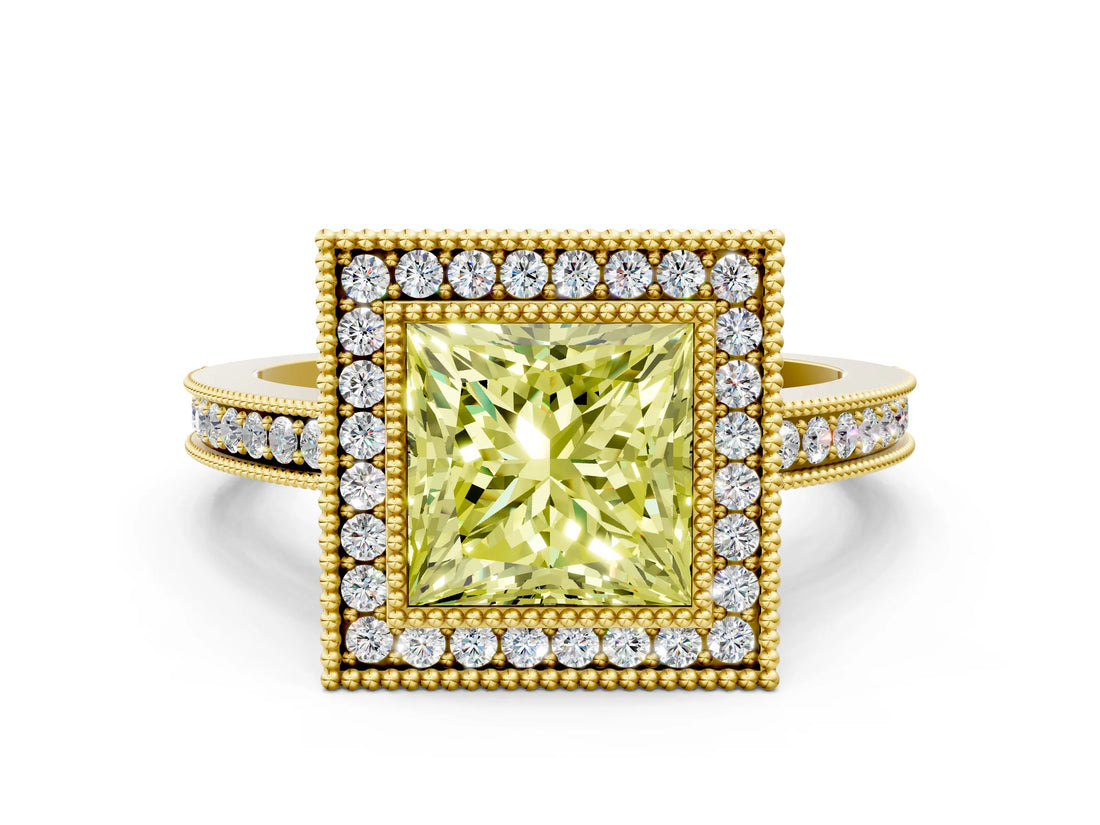 Yellow gold Fancy Yellow Princess  Cut Halo Diamond Ring with Pavé Band and Milgrain Prong Setting_32