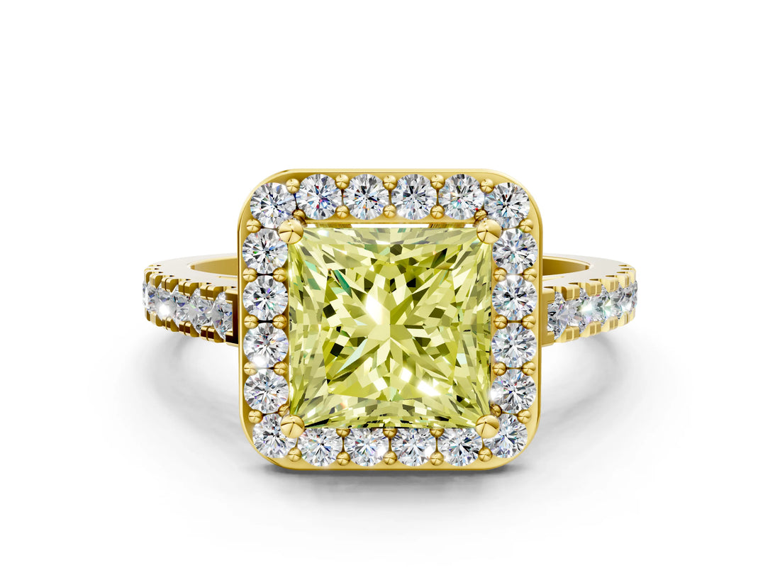 Yellow gold Fancy Yellow Princess Cut Halo Diamond Ring with Pavé Band and Three-Prong Setting