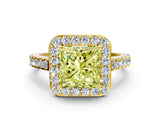 Yellow gold Fancy Yellow Princess Cut Halo Diamond Ring with Pavé Band and Three-Prong Setting