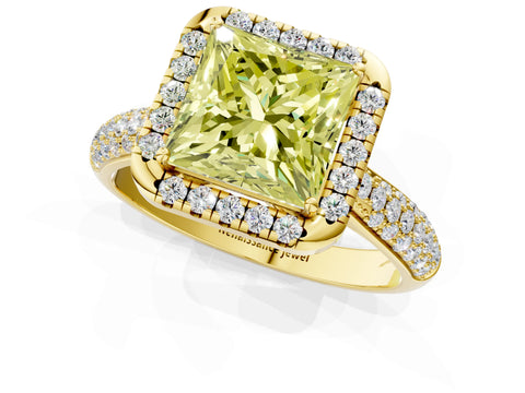 Yellow gold Fancy Yellow Princess Cut Halo Diamond Ring with Pavé Band_1
