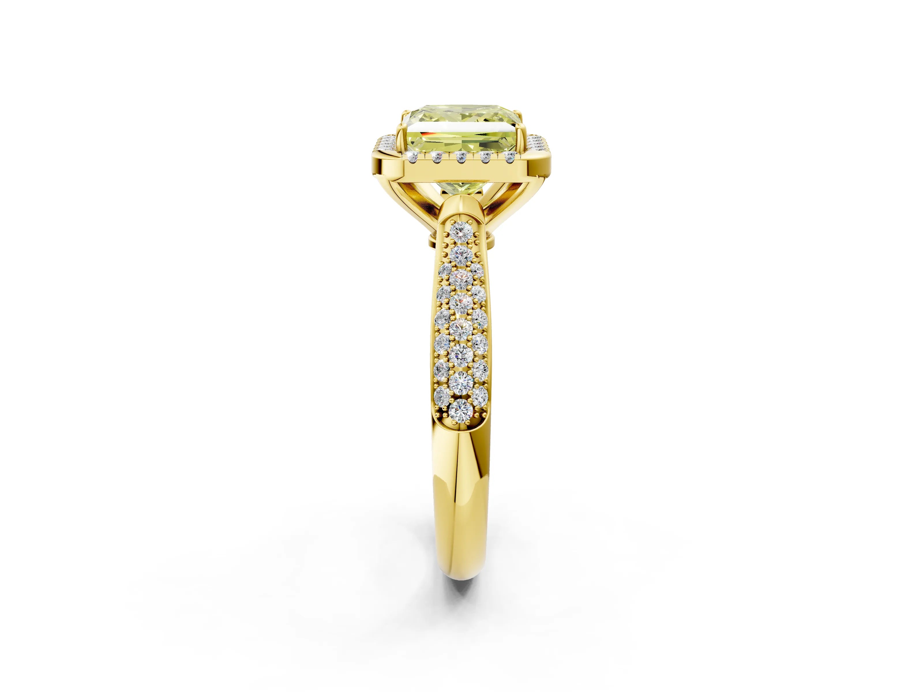 Yellow gold Fancy Yellow Princess Cut Halo Diamond Ring with Pavé Band_2