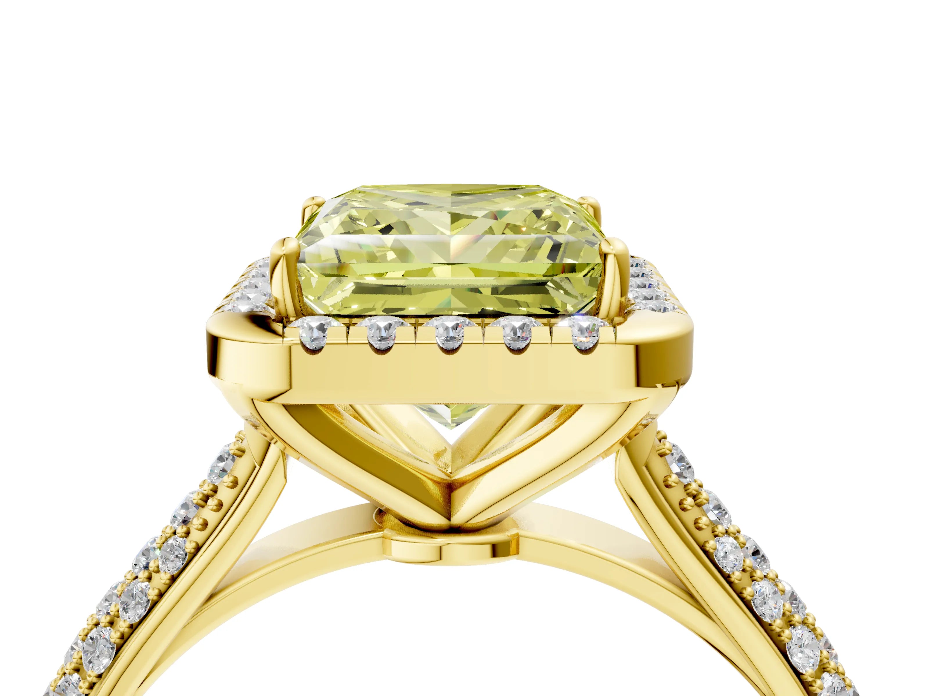 Yellow gold Fancy Yellow Princess Cut Halo Diamond Ring with Pavé Band_4