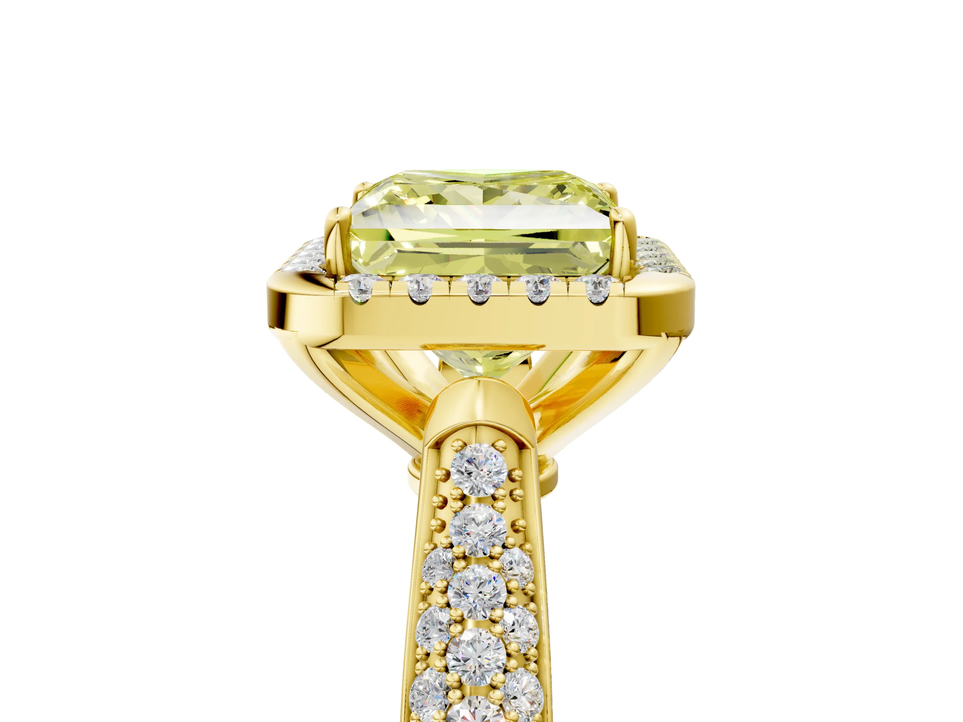 Yellow gold Fancy Yellow Princess Cut Halo Diamond Ring with Pavé Band_5