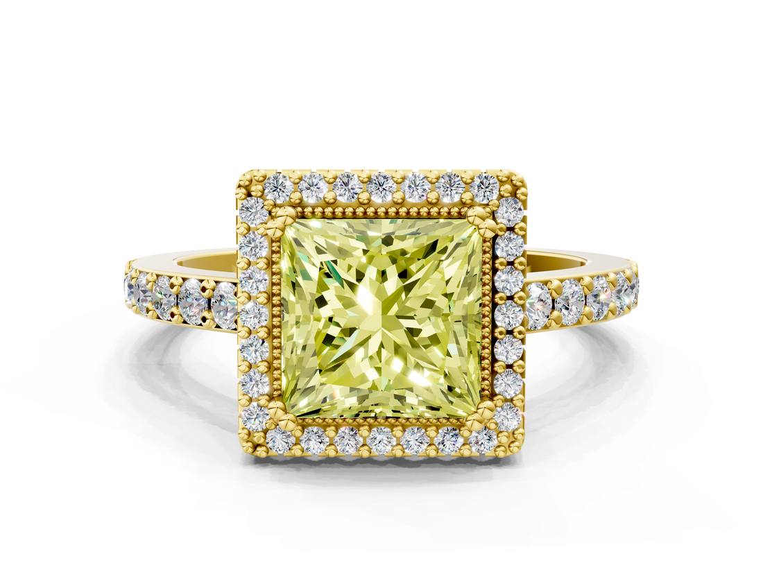 Yellow gold Fancy Yellow Princess  Cut Halo Diamond Ring with Pave Band and Four-Prong Setting