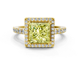 Yellow gold Fancy Yellow Princess  Cut Halo Diamond Ring with Pave Band and Four-Prong Setting