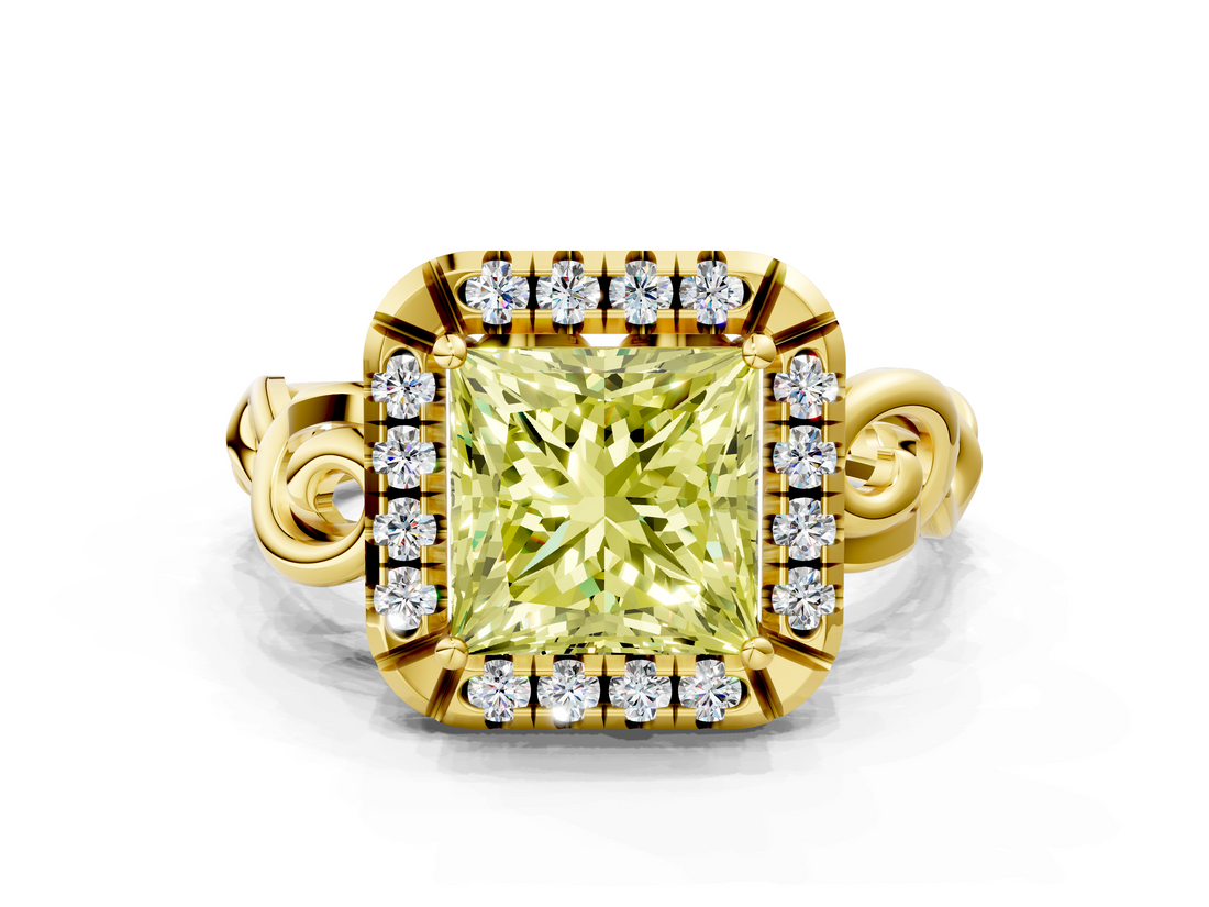 Yellow gold Fancy Yellow Princess  Cut Halo Diamond Ring with Scrollwork Band and Four-Prong Setting