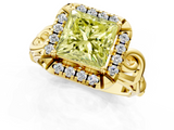 Yellow gold Fancy Yellow Princess  Cut Halo Diamond Ring with Scrollwork Band and Four-Prong Setting_1