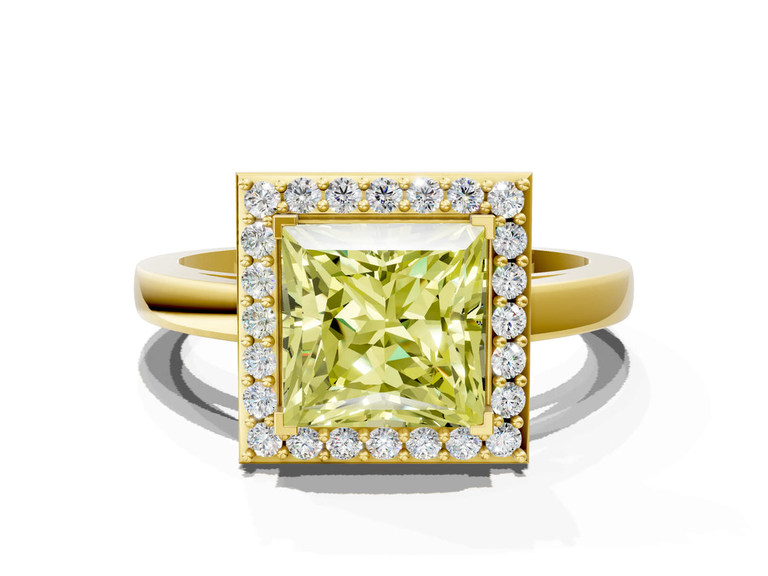 Yellow gold Fancy Yellow Princess Cut Halo Diamond Ring with Solitaire Band and Prong Setting