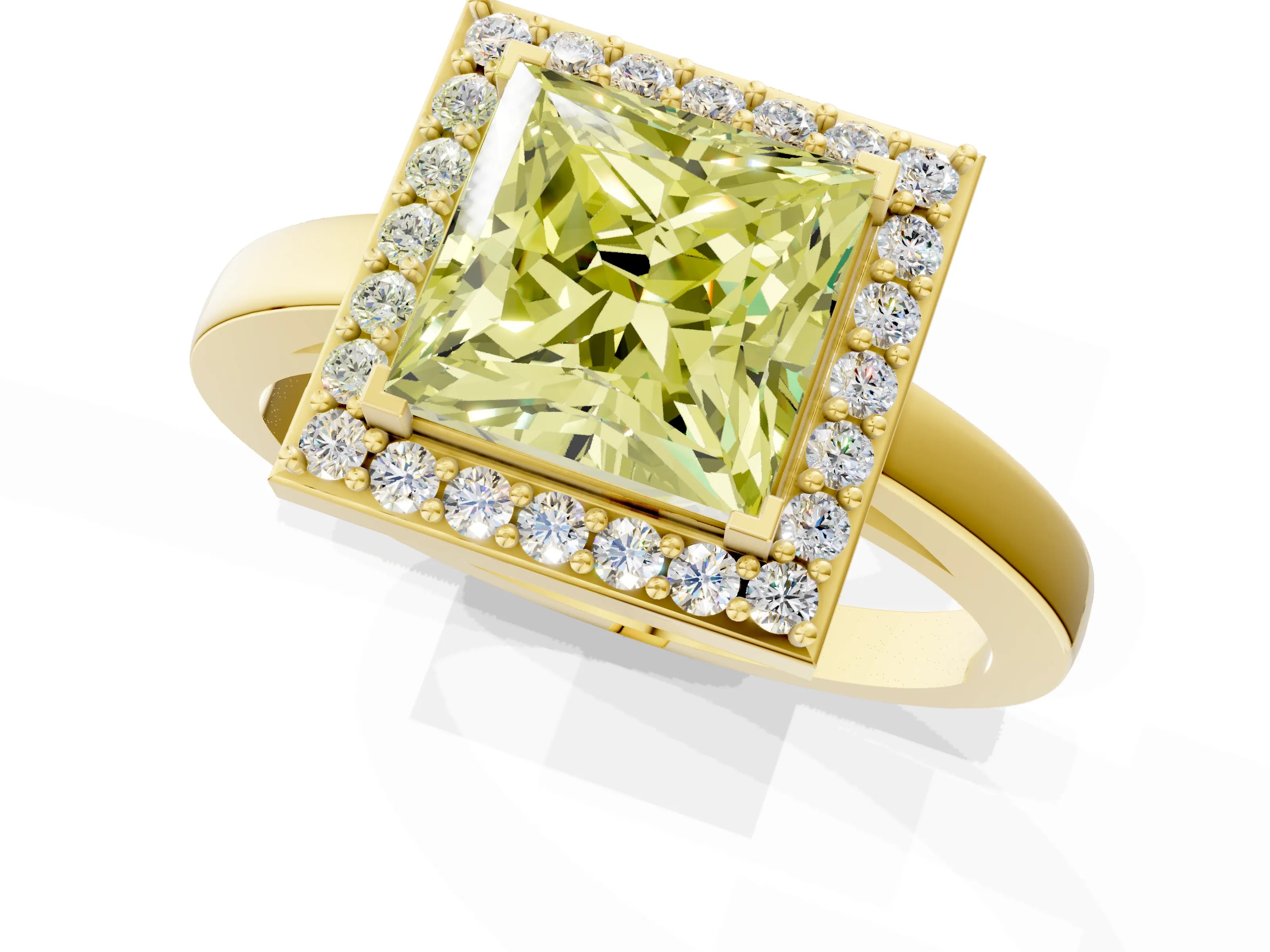 Yellow gold Fancy Yellow Princess Cut Halo Diamond Ring with Solitaire Band and Prong Setting_1