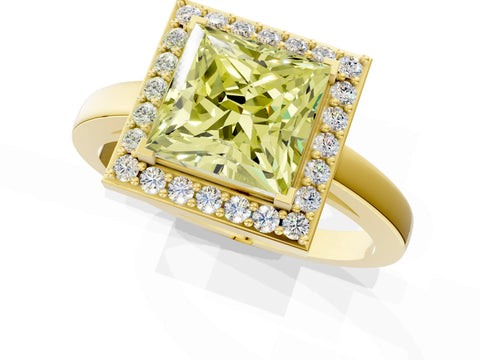 Yellow gold Fancy Yellow Princess Cut Halo Diamond Ring with Solitaire Band and Prong Setting_1