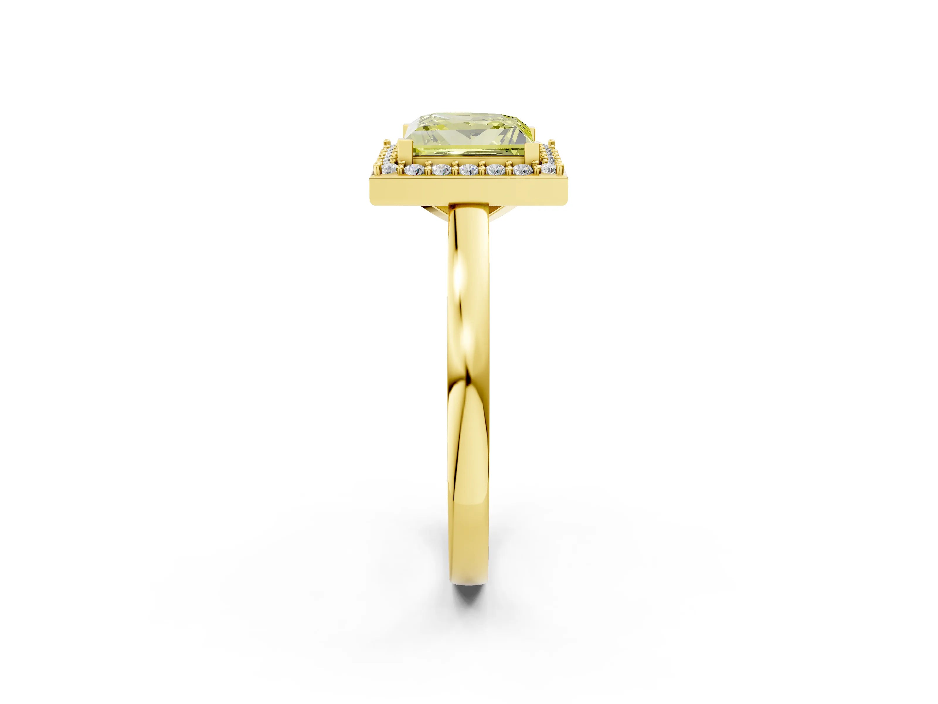 Yellow gold Fancy Yellow Princess Cut Halo Diamond Ring with Solitaire Band and Prong Setting_2