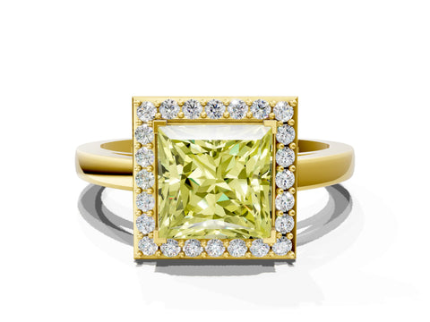Yellow gold Fancy Yellow Princess Cut Halo Diamond Ring with Solitaire Band and Prong Setting