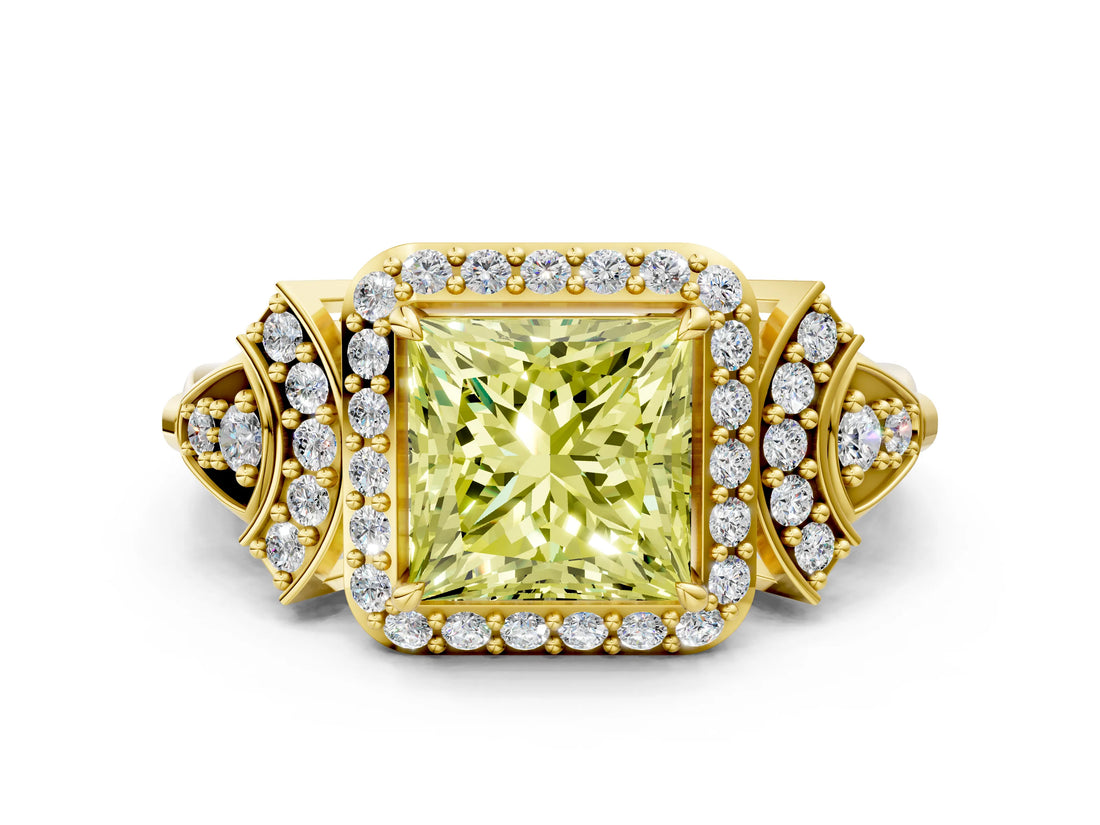 Yellow gold Fancy Yellow Princess Cut Halo Diamond Split Shank Engagement Ring with Four-Prong Setting